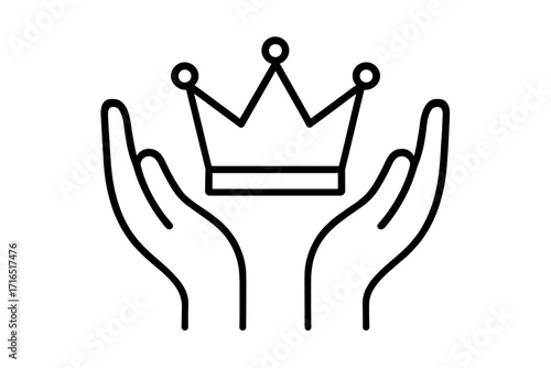 Hands holding crown line icon. Concept of success, achievement, and power. Premium quality and luxury symbol. Royalty, winner, and best choice metaphor. Vector logo for business.