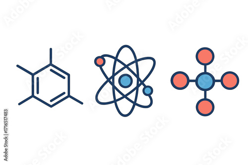 Science icon set with atom, molecule, and chemical structure. Vector illustration for chemistry, physics, research. Flat design atomic model, electron orbit, and compound.