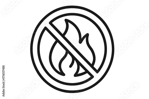 Fire prohibited outline icon. No burning symbol. Flammable warning sign. Danger of open flame concept. Safety pictogram. Vector illustration. Ban, restriction, stop, burn.