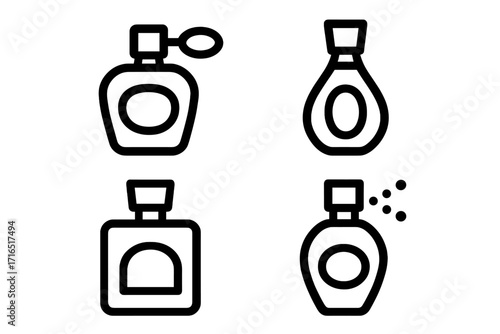 Set of perfume bottle icons, editable stroke vector illustrations for graphic design, websites, cards, books, and articles, transparent background, stylish cosmetics, fragrance collection