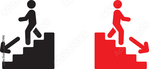 vector, illustration, icons, person, descending, design, stairs, arrow, with, down, movement, direction, going down, red, black, silhouette, icon, symbol, progress, decline, exit, entrance, step, stai