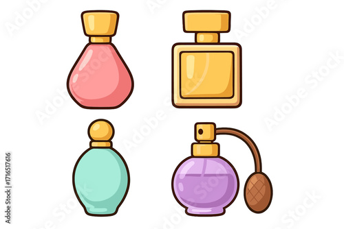 Colorful vintage perfume bottles vector set with golden caps, retro fragrance containers, elegant cosmetic design for beauty, fashion, and luxury product advertisements, isolated on white background