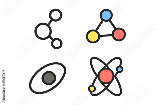 Science icon set. Flat vector illustration of atoms, molecules, and chemical compounds. Physics and chemistry symbols for research, education, or technology concepts. Nuclear particle.