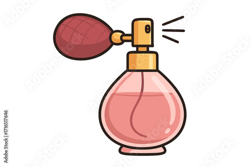 Vintage perfume bottle with atomizer, pink fragrance spray vector illustration, classic beauty accessory, cosmetic design for advertising, graphics, and app icons