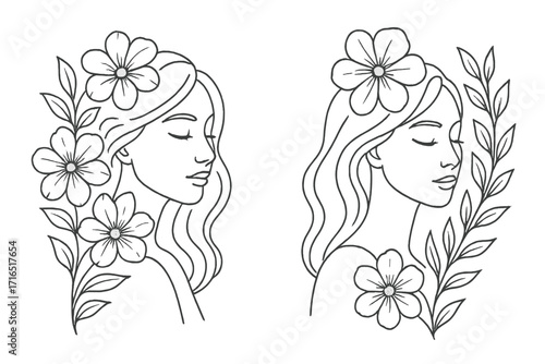 Woman face with flowers line art collection. Botanical continuous line drawing for beauty salon logo, cosmetics, spa, wellness. Elegant female profile portrait vector set.