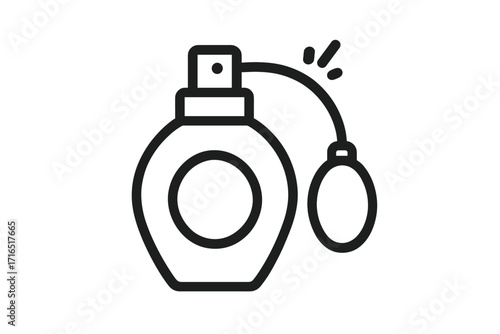 Elegant vintage perfume bottle line icon with atomizer spray, classic fragrance illustration, beauty product outline, cosmetic container vector, transparent background