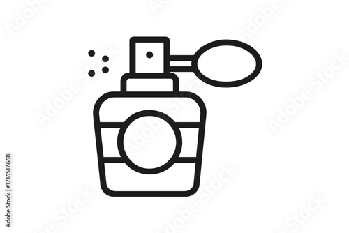 Elegant vintage perfume bottle line icon with atomizer spray, classic fragrance container illustration for graphic design, web, cards, books, articles, transparent background vector