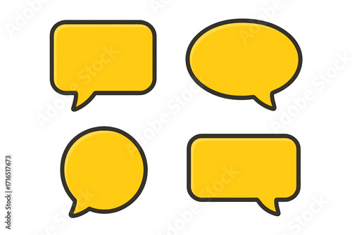 Yellow speech bubble vector set. Flat cartoon illustration of comic chat bubbles. Dialog box for message, quote, or text. Communication icon collection for social media.