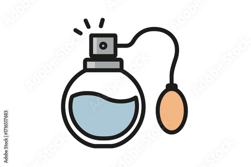 Vintage style perfume bottle icon with atomizer bulb, classic fragrance container illustration, cosmetic scent spray, beauty product vector with transparent background for design