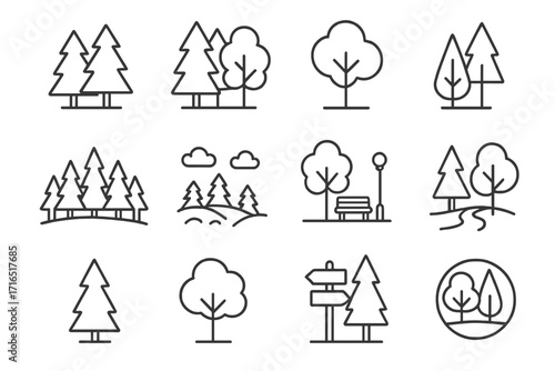 Forest trees and city park line icon set. Pine, fir, and wood outline symbols. Nature landscape, hiking trail, and outdoor recreation vector pictograms. Editable stroke.