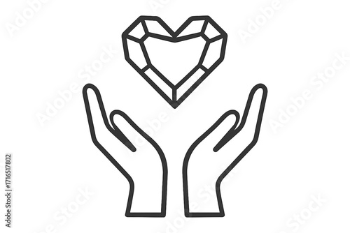 Hands holding heart shaped diamond. Love, charity, and donation icon. Precious gift of health and life. Valuable relationship symbol. Metaphor for care, support, and hope.