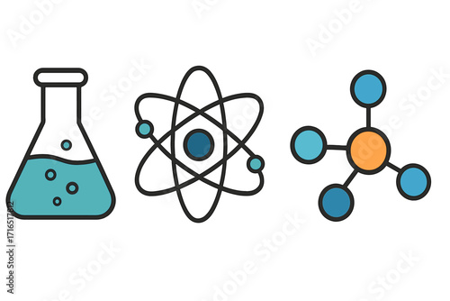 Science icon set with atom, molecule, and laboratory flask. Vector symbols for chemistry, physics, and research. Flat cartoon illustration for scientific experiment concepts.
