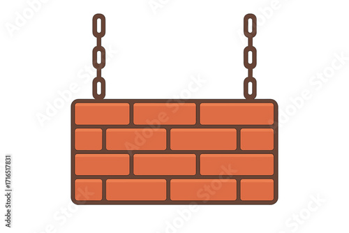 Hanging brick wall sign on chains. Empty red brickwork signboard for text or logo. Cartoon plaque vector illustration. Flat design element for construction background.