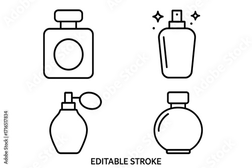 Set of perfume bottle icons linear style. Vector illustration for graphic design, websites, cards, beauty products, cosmetics, and fragrances clipart with transparent background.