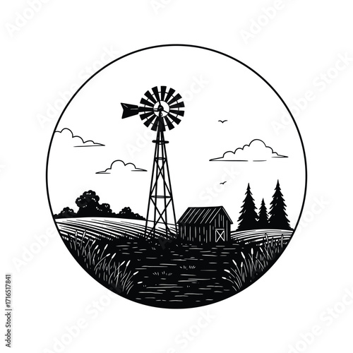 Black and white illustration of a windmill barn and trees on a farm landscape in a circular frame