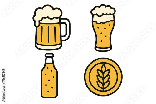 Beer icon set with mug, glass, bottle, and wheat symbol. Vector collection for pub menu, brewery logo, bar design. Craft beer, ale, lager alcohol beverage illustration.