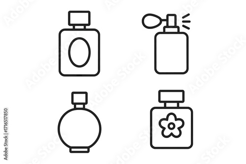 Minimalistic linear perfume bottle icon set with floral and spray designs, elegant fragrance symbols for web, graphic design, apps, banners, social media, and cards, vector illustration