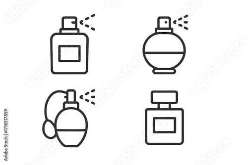 Minimalistic perfume bottle outline icons set, spray perfume illustrations for web design, apps, banners, social media, cards, cosmetics, fragrance, beauty vector