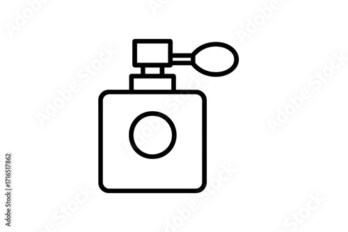 Minimalistic perfume bottle icon, vintage atomizer spray illustration, fragrance container vector, cosmetic aroma pump pictogram for web, apps, graphic design, banners, social media cards
