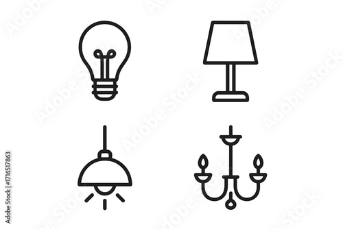 Illumination icon set line art. Light bulb, table lamp, hanging lamp, chandelier symbols. Outline vector signs for graphic design, web, apps, advertising, card decoration, modern lighting elements.