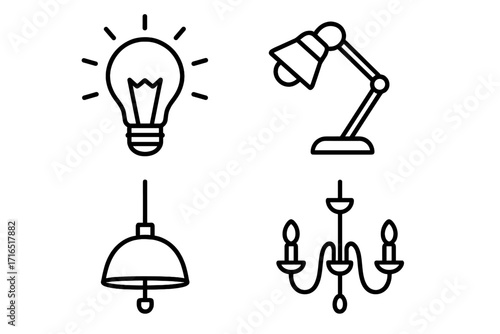 Illumination line icon collection with light bulb, desk lamp, pendant lamp, chandelier, outline symbols for graphic design, web, apps, advertising, modern lighting concepts vector
