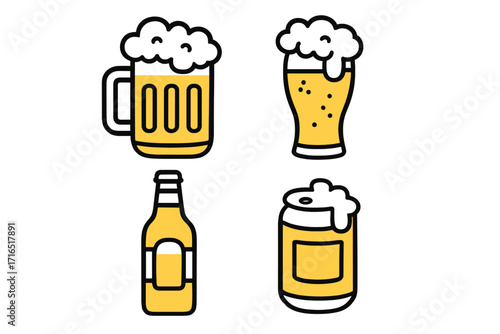 Beer icon set. Vector collection of beer mug, glass, bottle, and can. Simple outline illustration for pub menu, brewery logo, or bar sign. Alcoholic beverage symbols.