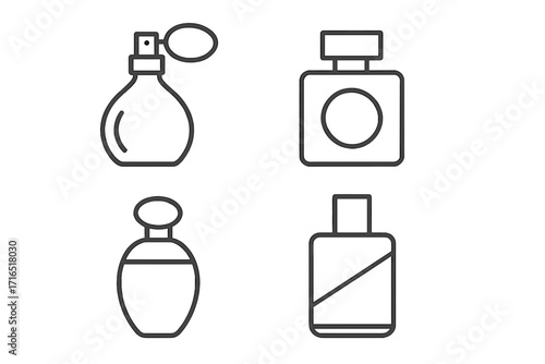Perfume bottle outline line icons set, vector cartoon style illustration with transparent background, simple fragrance spray and cologne bottle design for graphic, web, app, and advertising