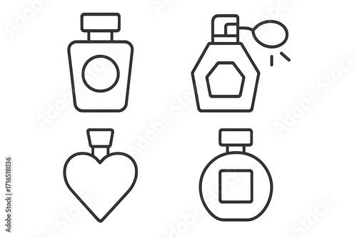 Perfume bottle outline icons set, minimalist line art vector illustration of fragrance containers, spray and heart shapes, elegant beauty and cosmetic design elements for apps and adverts