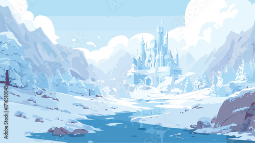 Snowy Landscape with Ice Castle Vector Illustration