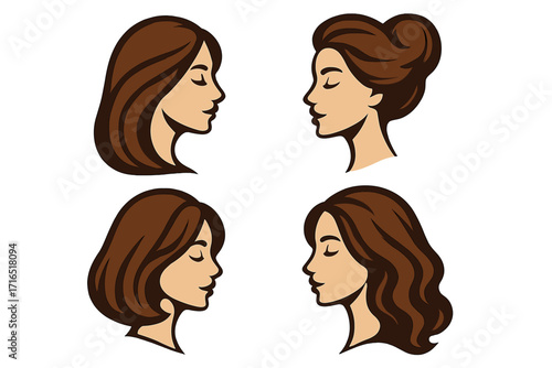 Beauty woman hairstyle logo set. Vector collection of female head profiles. Hairdresser icon with different haircuts: long, bob, updo, wavy. Elegant girl face for salon or spa.