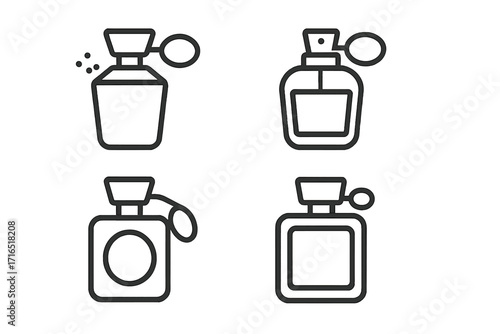 Set of Vector Perfume Bottle Icons for Graphic Design, Websites, Cards, Books, and Articles, Black Outline Style, Transparent Background, Minimalist Fragrance Symbols