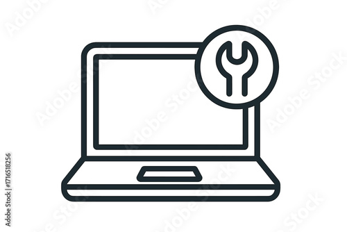 Laptop repair and maintenance line icon. Computer technical service symbol. PC support sign. Concept of hardware or software fix. Outline vector for diagnostics settings.