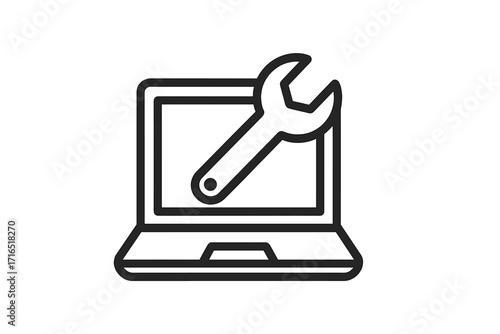 Laptop repair service icon with wrench. Computer tech support symbol. Maintenance, settings or configuration concept. IT help desk vector illustration. Outline pictogram for web design.