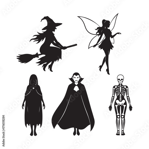 Halloween silhouettes of witch fairy vampire skeleton and cloaked figure