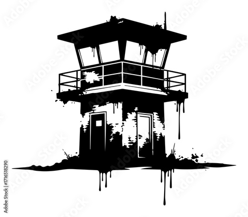 Abandoned Guard Tower with a Grunge Paint Splatter