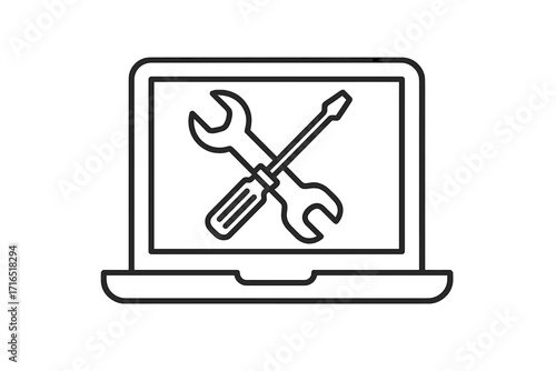 Laptop repair service icon. Computer technical support symbol. IT maintenance & troubleshooting vector. Notebook settings & configuration logo for web design & apps. Outline.