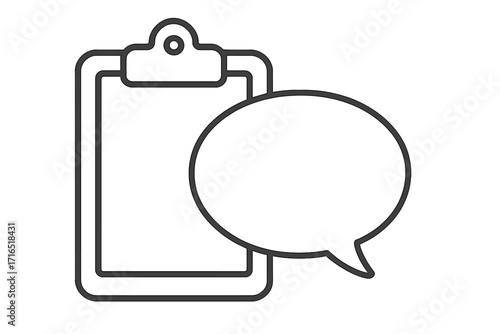 Clipboard and speech bubble line icon. Concept for feedback, survey, report, communication, poll, review, and opinion. Blank form for checklist, tasks, or notes. Vector.