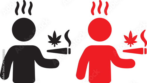 cannabis, marijuana, smoking, people, icons, figures, silhouettes, black, red, white background, joint, smoke, vapor, medical, recreational, drug, legal, decriminalization, herb, plant, stylized, simp