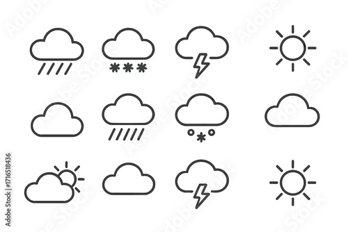 Minimalistic Line Icons Pack of Weather Forecast Symbols Rain Snow Thunderstorm Sun Cloud Linear Pictogram Set for Web Apps Graphic Design Banners Social Media
