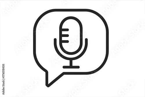 Microphone in speech bubble line icon. Podcast, voice recording, or radio broadcast symbol. Audio communication, interview, or streaming concept. Simple vector illustration.