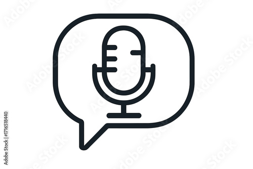 Microphone in speech bubble line icon. Podcast, voice record, or interview concept. Audio symbol for broadcast, web, or app. Communication, talk show, or journalism sign.