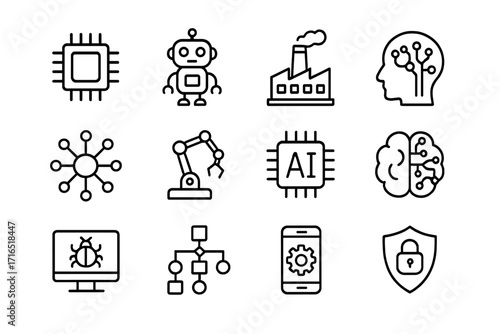 Technology line icons set with chip, robot, factory, artificial intelligence, AI brain, network, robot arm, bug on computer, data flow, smartphone settings, and security shield for web design and apps