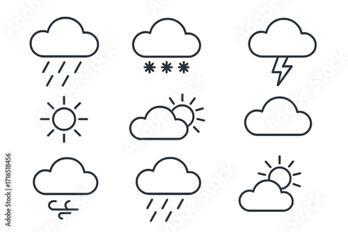 Minimalistic Linear Weather Forecast Icons Set, Rain, Snow, Thunderstorm, Sun, Cloud, Wind, Partly Cloudy Symbols for Web, Apps, Graphic Design, Social Media