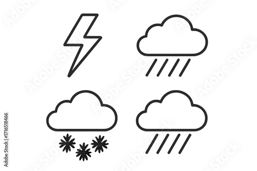 Weather icon set with lightning, rain, snow symbols. Outline vector line art for graphic design, web apps, weather forecasts, advertising, digital projects, cards