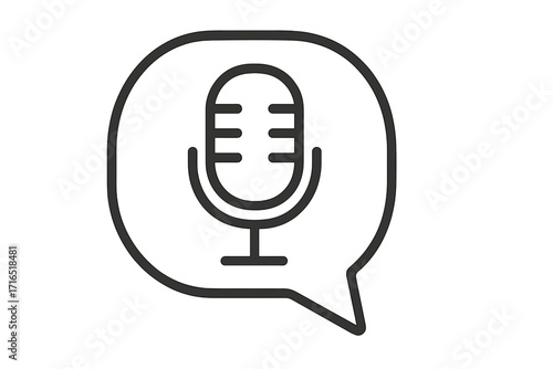 Microphone in speech bubble line icon. Podcast voice recording, interview symbol. Communication, talk, audio, speak concept. Vector illustration for web, app, infographic.