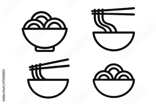 Noodle and ramen bowl vector icon set. Minimalistic line symbols for web and graphic design. Asian food illustration for restaurant menu, apps, and social media cards.