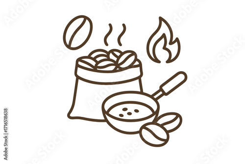Roasted coffee beans outline vector illustration with roasting pan, flame, and steaming aroma, cartoon style graphic design element for apps, adverts, cards, and branding