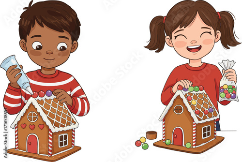 Happy children decorating gingerbread houses with icing and colorful candy, fun Christmas holiday activity, kids enjoying festive winter baking tradition.