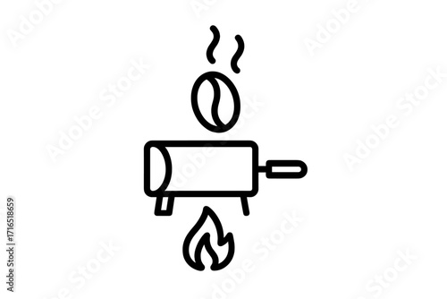Coffee roasting process simple line icon. Roaster machine with bean and fire heat. Concept of fresh aromatic beverage production, caffeine, hot drink for cafe or coffee shop menu.