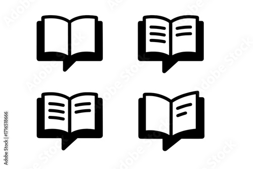 Book speech bubble icon set. Reading, knowledge, education, and storytelling concept. Vector graphic for library, learning, literature, communication, dialogue, message, and review.